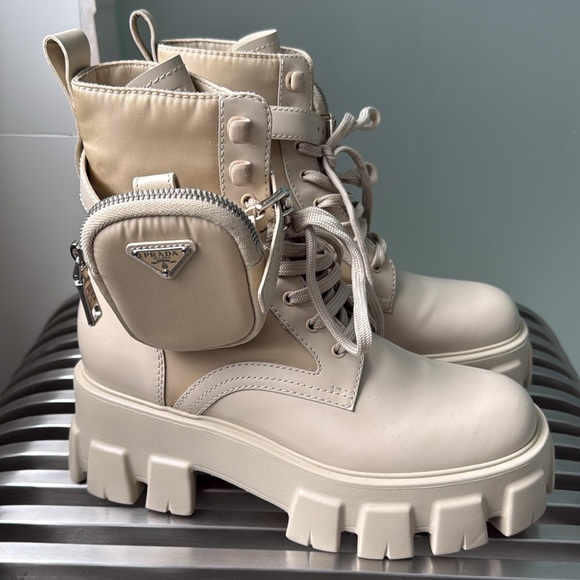Women's New Cream Prada Ankle Boots with Pouch - Picture 1 of 6